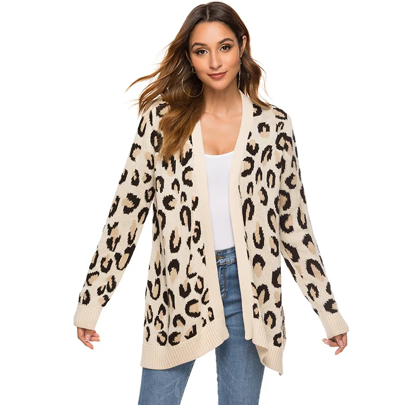 Women Elegant Leopard Print Knitted Long Sleeve Cardigans Autumn Winter Sweater Jacket Loose Coat Casual Oversized Knit |