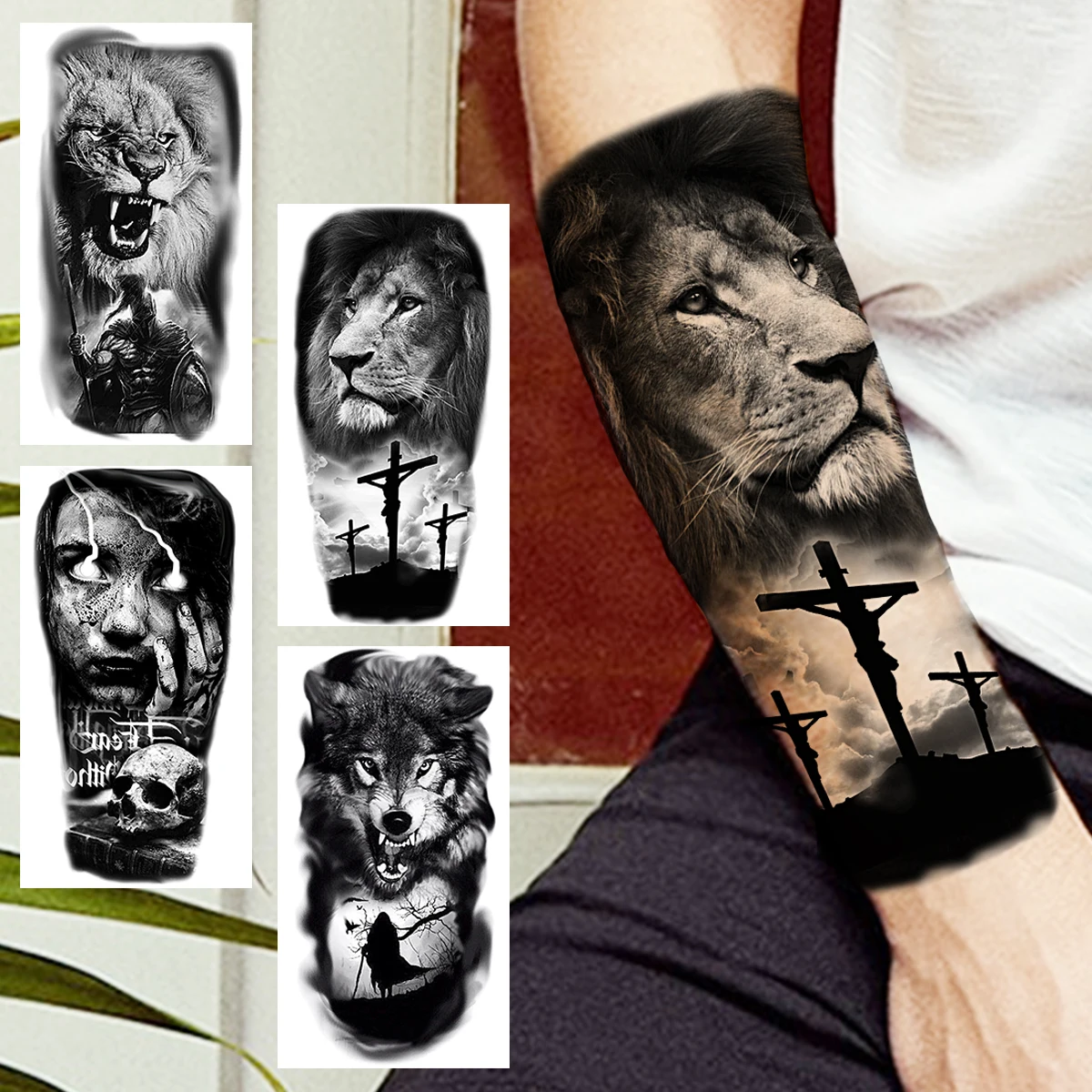 

Large Black Lion Temporary Tattoos For Men Adults Realistic Wolf Skull Fake Tattoo Sticker Forearm Waterproof Tatoos Thigh