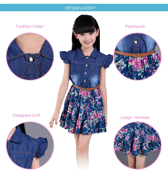 Хлопковое джинсовое платье с длинным рукавом-лепестком на возраст 2-12 лет |