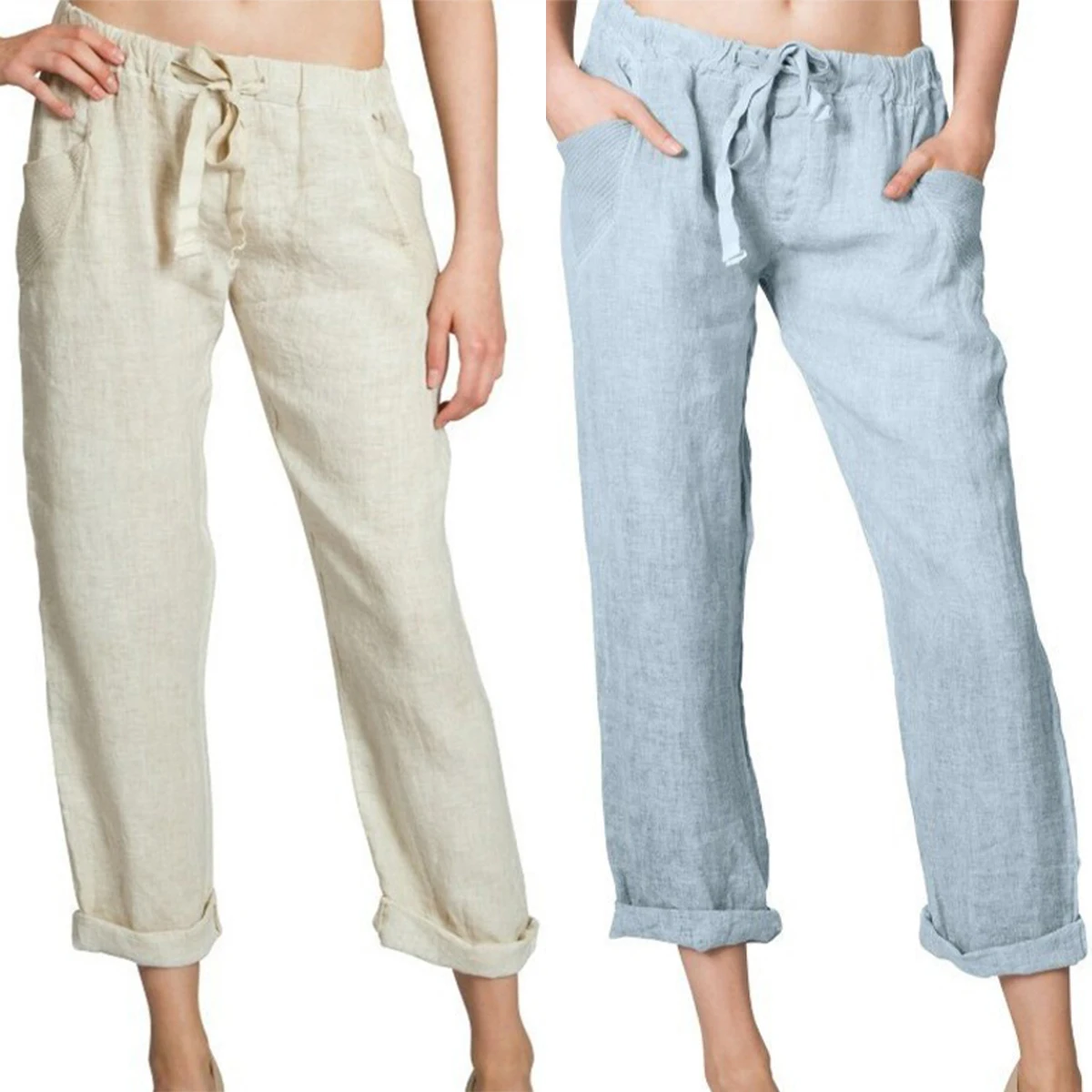 

VICABO Solid Color Women Pants Pockets Full-Length Casual Loose Trousers Drawstring Elastic Mid Waist Office Lady Straight Pants
