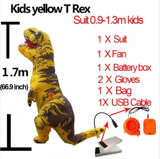 Косплей фантазия талисман t rex Велоцираптор костюм для взрослых мужчин Хэллоуин надувной Раптор динозавр T REX костюм для детей и женщин - Цвет: Kids Yellow T Rex