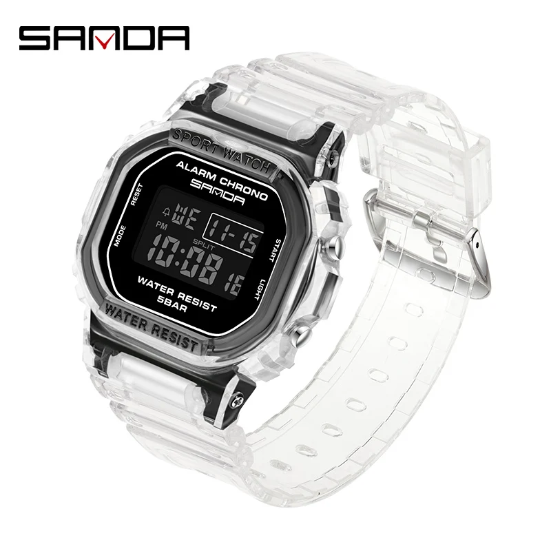 

SANDA Fashion Sports Style Womens Electronic Watches Multifunctional Transparent Strap 50M Waterproof And Shockproof Women 2009