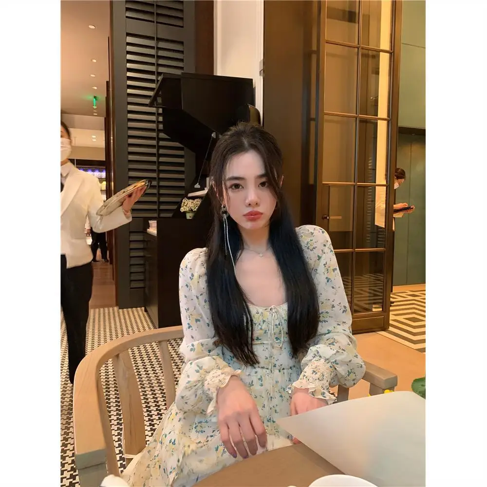 

2021 Summer Sweet Floral Dress Women Elegant Mini Dress Bandage Beach Party Dress Korean Vintage Office Lady Long Sleeve robe