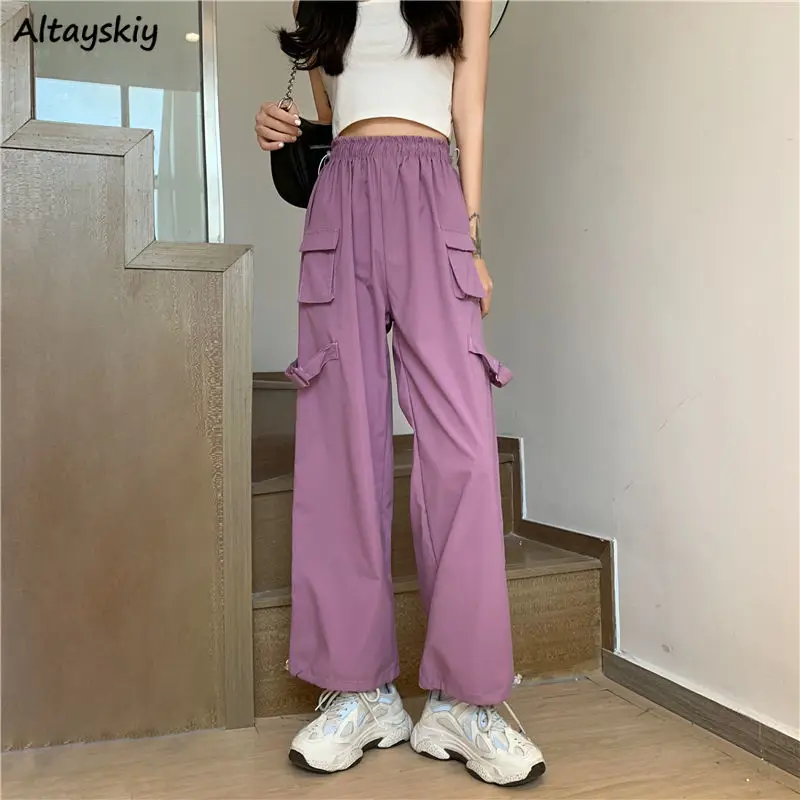 

Cargo Pants Women Full Length Trousers Baggy Pockets Pure Leisure Teenagers Spring Mujer Purple Joggers Daily Streetwear Ulzzang