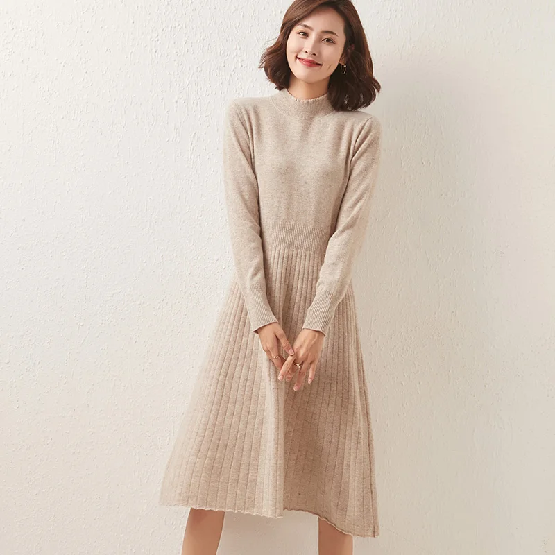 Sparsil Wool Knitted Sweater Dress Woman Winter O-Neck Slim Dresses Solid Long Sleeve Pullover Closed Waist Knee Length Sweaters