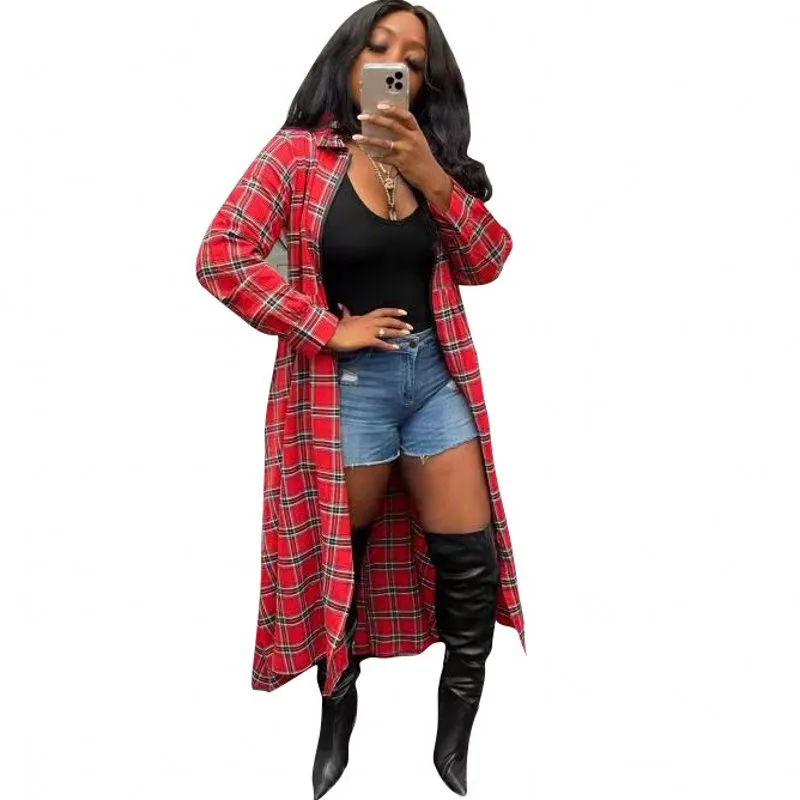 

Fashion Plaid Cardigan Dress African Casual Women's Winter 2021 European American Women's Long Slim Long Sleeve Shirt Long Skirt