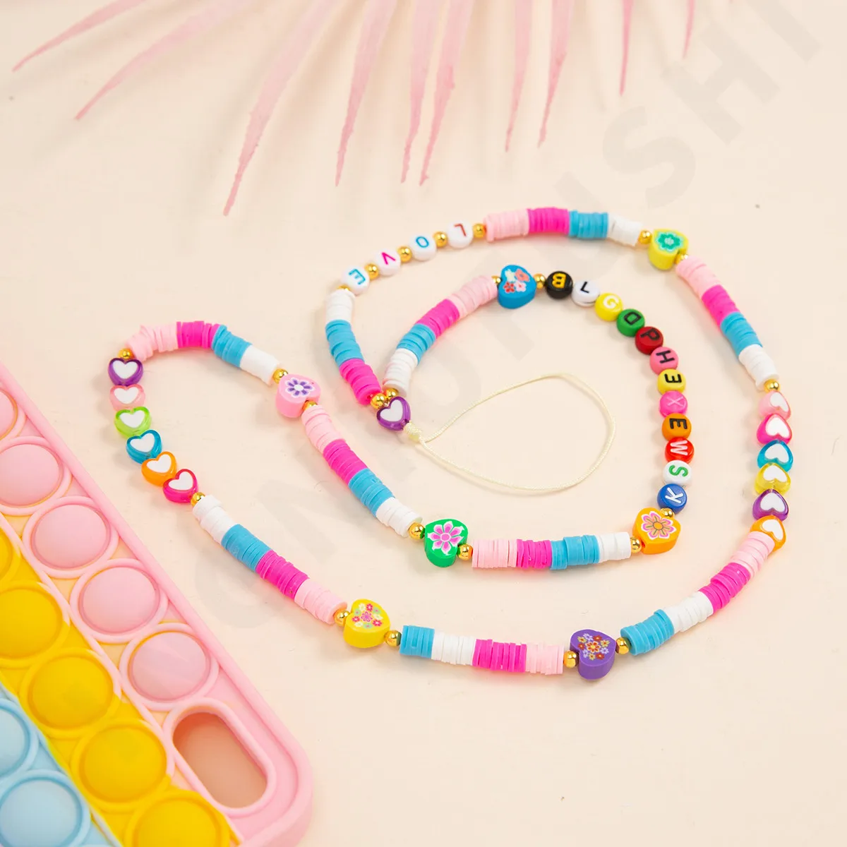 

2021 Mobile Phone Strap Lanyard Colorful Soft Pottery Pearl Heart Women Girls Polymer Clay Rope for Cell Phone Case Hanging Cord