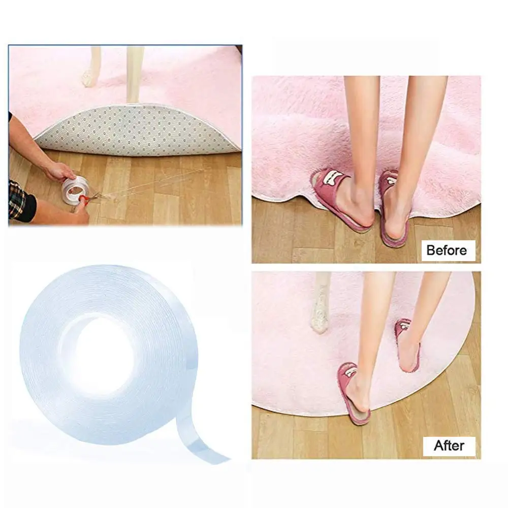 3.2/9.8/ 16.4 FT Washable Adhesive Tape Reusable Clear Double Sided Anti-Slip Nano Gel Pads Mat Removable Sticky Strips Grip