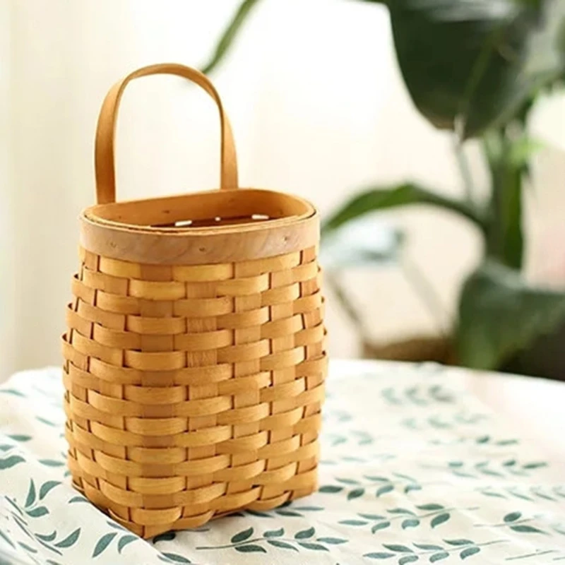 

H051 Wooden Hand-woven Wall Hanging Mount Fruit Storage Basket Bread Serving Tray Multipurpose Handcrafted Platter Retro