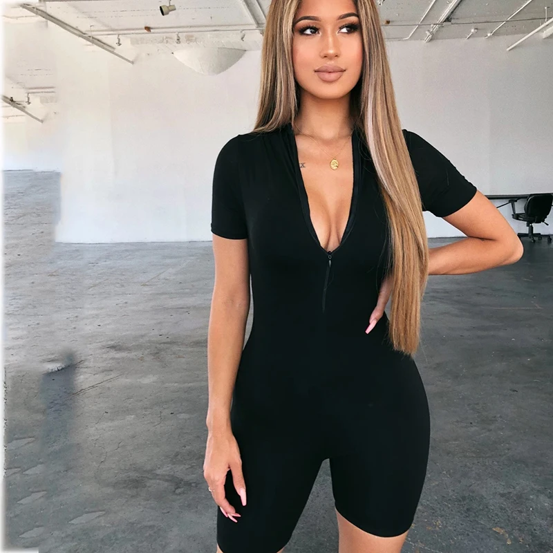 

Women Bodycon Playsuit Wear On Both Sides Sexy Jumpsuit Autumn 2020 Zip Up Party Club Romper Jumpsuits Black Gray Shorts