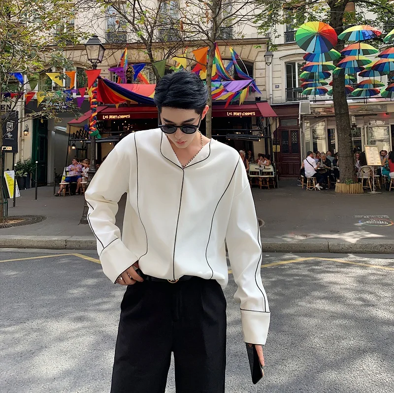 

2021 Temperamental Male Loose Profile Shirt Men's V-neck Shirt Bag Side Bottom Shirt Top Shirt Mens Shirts