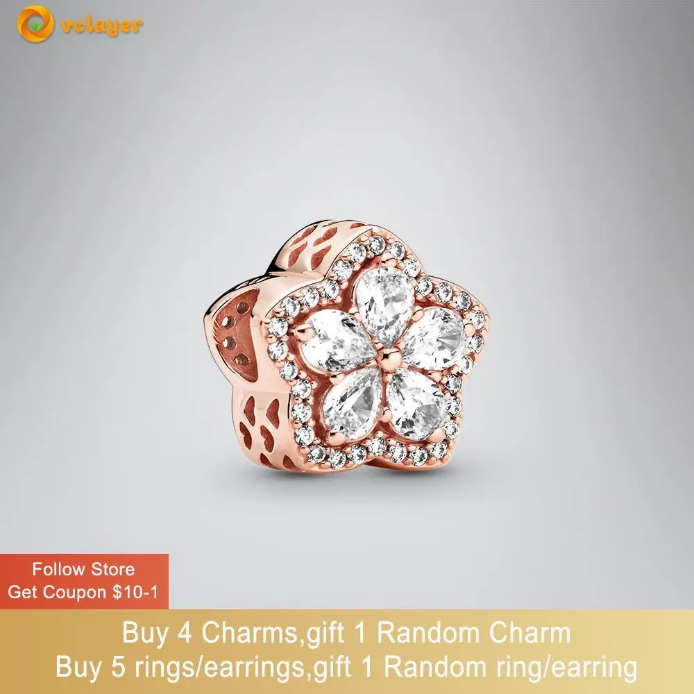 

Volayer 925 Sterling Silver Beads Pink Sparkling Snowflake Pavé Charm fit Original Pandora Bracelets Women Jewelry Making Gift