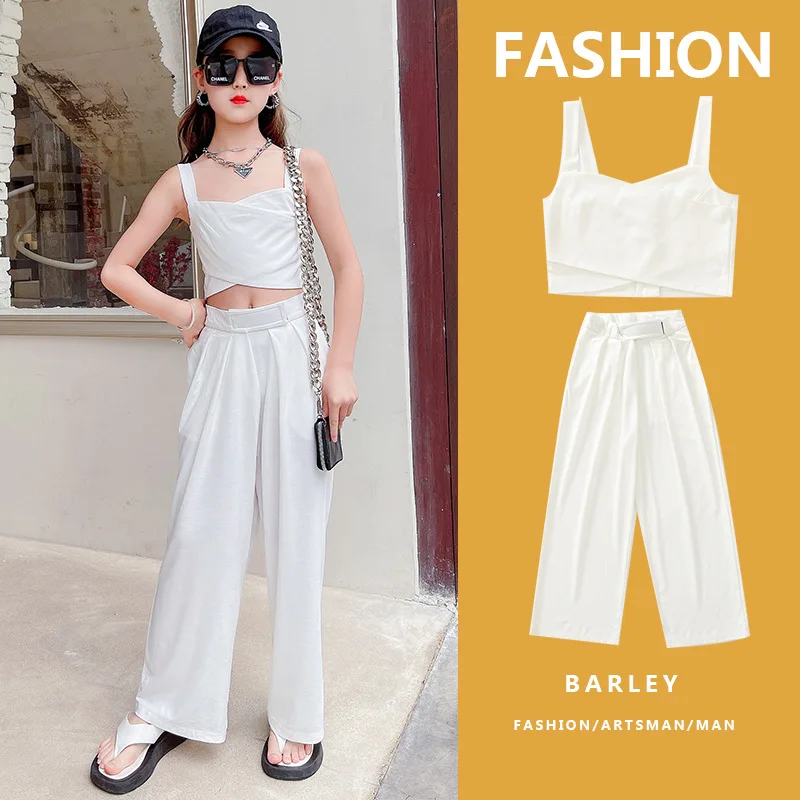 2022 Summer New Casual Outfit Girls Solid White Vest Tops+ Straight Pants 2pcs Set Teenage Children Stylish Elegant Clothing Set