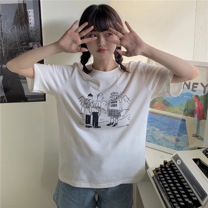 

YTX1536 2021 new summer couple girlfriends line draft printing shoulder short-sleeved T-shirt