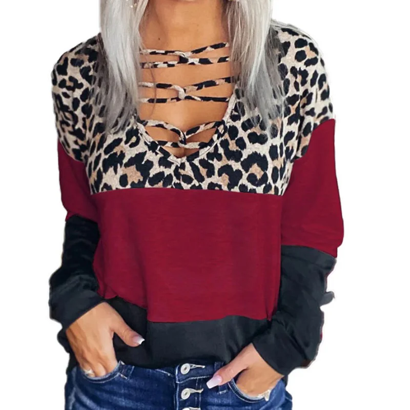 

Sexy Hollow Out Leopard Print T-shirt Women V-Neck Long Sleeve Patchwork T-shirts Tops Casual Fashion Tee Shirt Female Pullover