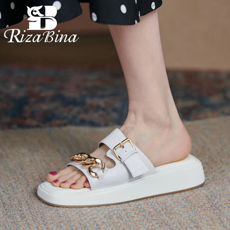 

RIZABINA Size 33-40 Genuine Leather Slippers Platform Buckle Strap Metal Chains Slip On Summer Fashion Sandals Ladies Footwear