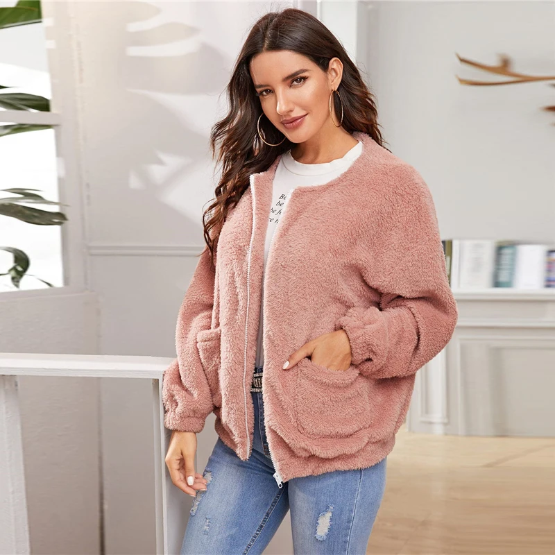 SHEIN розовая однотонная повседневная куртка на молнии спереди, пальто, женская зимняя уличная одежда, длинный рукав, двойной карман, женская верхняя одежда