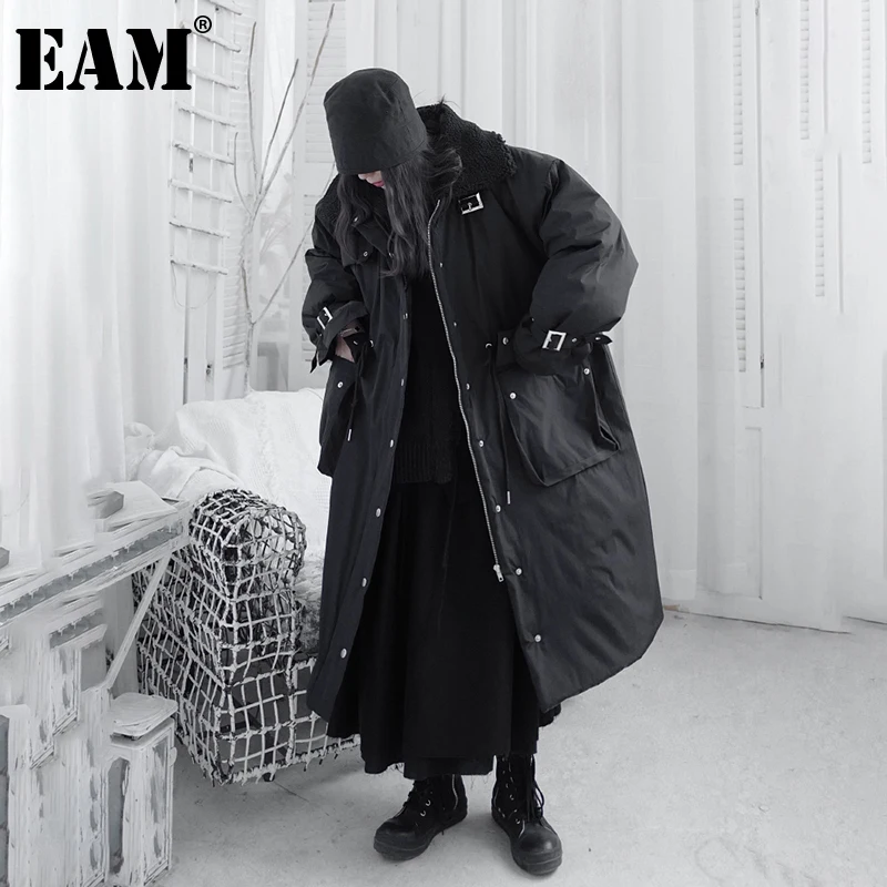 

[EAM] Big Size Long Thick Cotton-padded Coat Long Sleeve Loose Fit Women Parkas Fashion Tide New Autumn Winter 2021 1DD1577