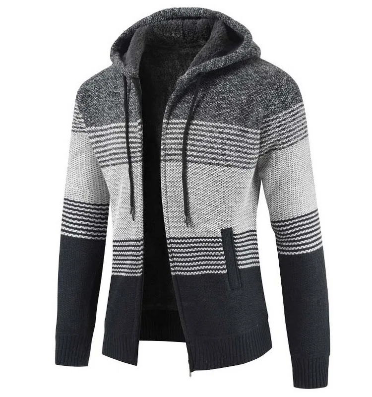 

FALIZA Men's Sweater Coat 2020 Autumn Winter Thick Warm Hooded Stripe Wool Sweater Cardigan Jumpers Zipper Fleece Coat Men XY103