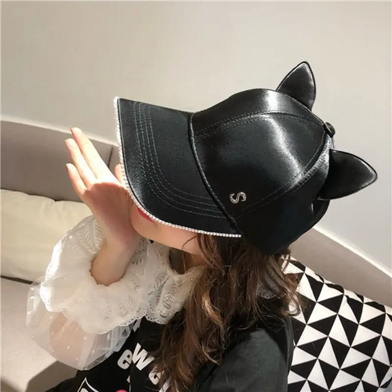 Модная женская Регулируемая однотонная Кепка с кошачьими ушками милая кепка со