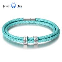personalized 2 names beads charm bracelets for women men unisex custom engraving stainless steel leather bracelet gift for lover
