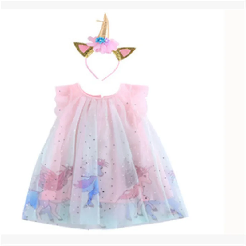 

Платье принцессы для маленьких девочек, Сетчатое платье с круглым вырезом, летнее платье с принтом пони и блестками и звездами + лента для во...