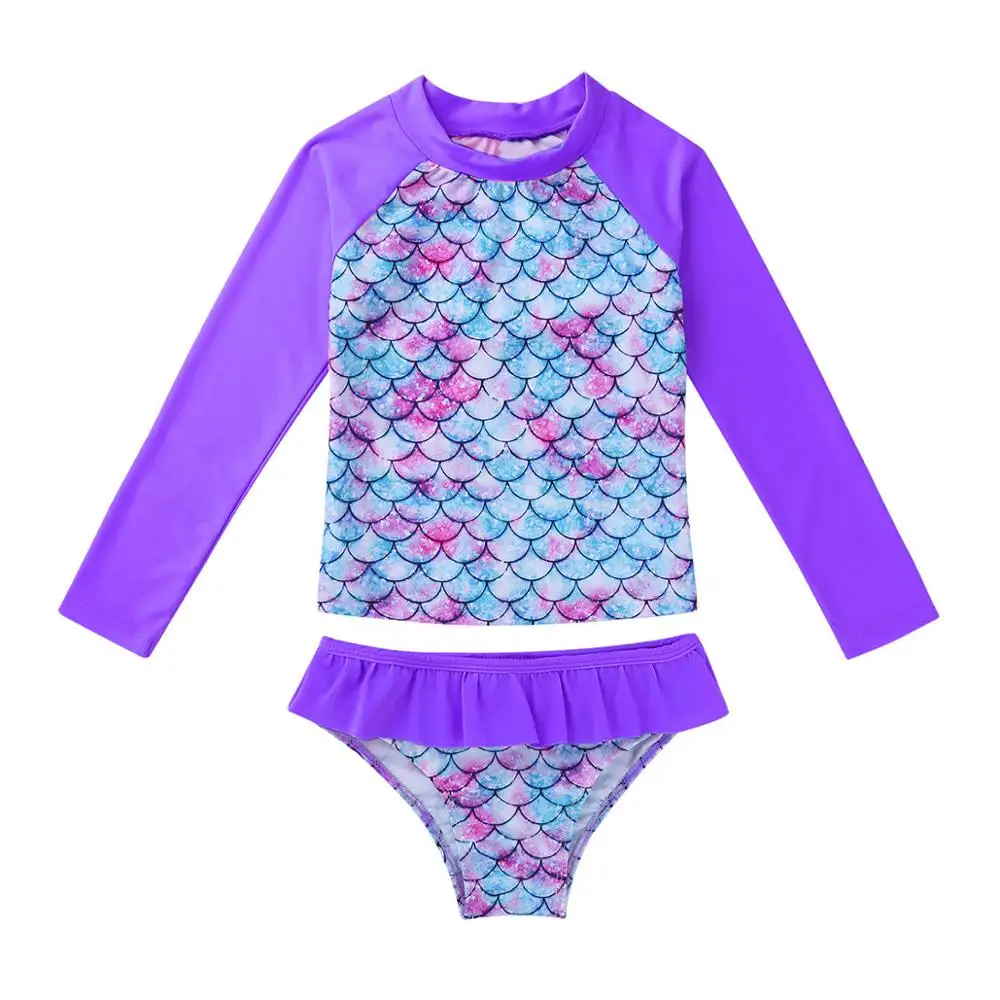 UPF 50+ Children's Swimwear Girls Tankini Swimsuit Long Sleeves Fish Scales Printed Rashguard Tops with Bottoms Kids Swimsuits