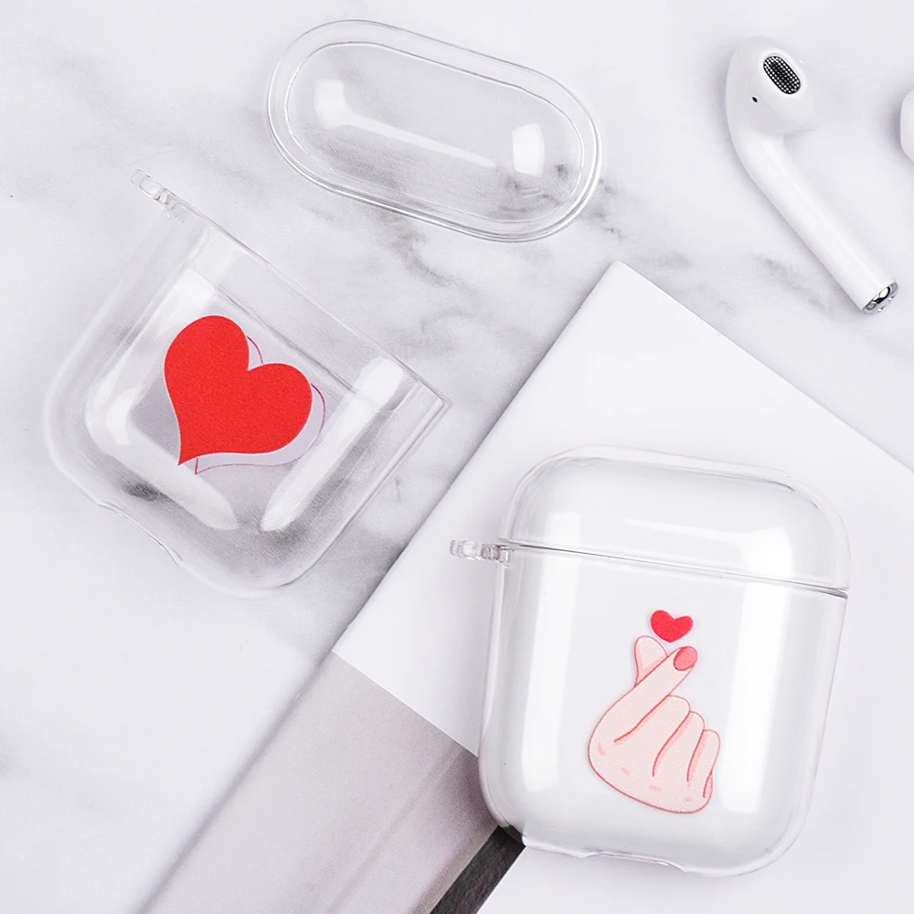 Пара любящих сердец футляр для наушников для Apple AirPods 2 прозрачные зарядные ящики для Airpods Жесткий ПК прозрачный чехол с крючками