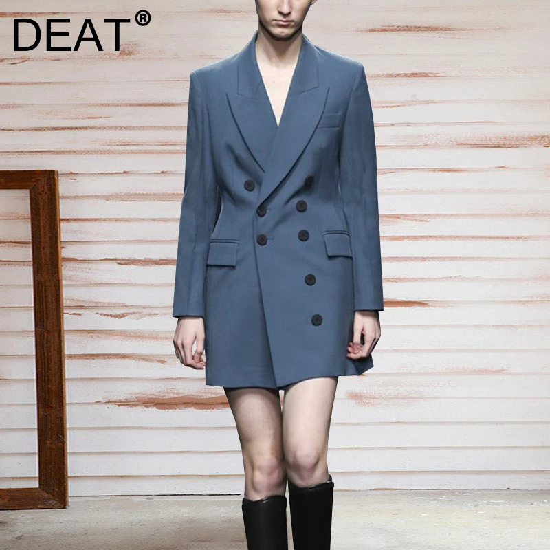 

DEAT Women Blue Double Breasted Pockets Long Blazer New Notched Long Sleeve Slim Fit Jacket Fashion Autumn Winter 2021 7E8119
