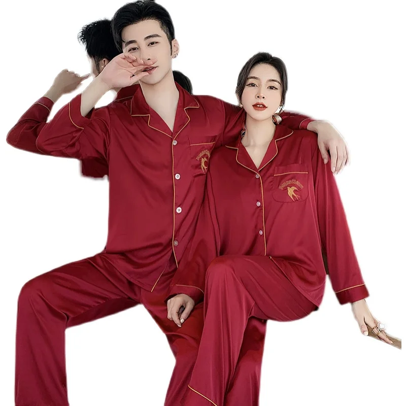 

Silk Pajamas Women's Spring and Autumn New Couple Luxury Home Wear Japanese Style Long Sleeve Men's plus Size Embroidered Suit