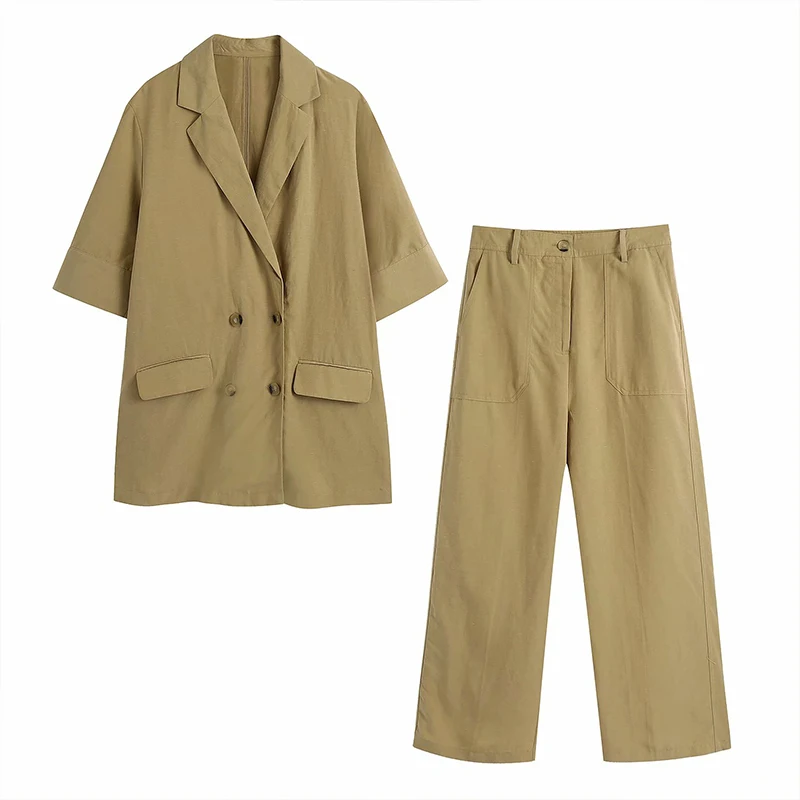 

Za Fashion Women's Set Linen Shallow Khaki Double-breasted Blazer Pants Set 2021 Suit 2 Piece Set Coat and Pants BB1477