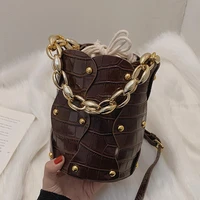 stone pattern chain tote bucket bag fashion new quality pu leather womens designer handbag rivet shoulder messenger bag
