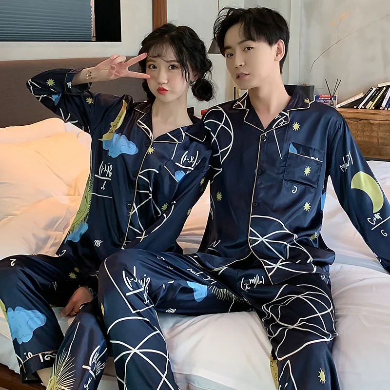 

Couple Pajamas 2021 Autumn Ice Silk Long-sleeved Cartoon Nightie Silk Pajamas Plus Size Home Service Pyjamas 2-piece Sleepwear