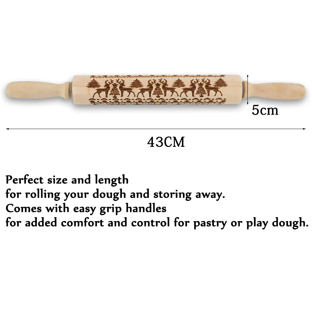 

Christmas Rolling Pin Engraved Carved Wood Embossed Rolling Pin Kitchen Tool H88F