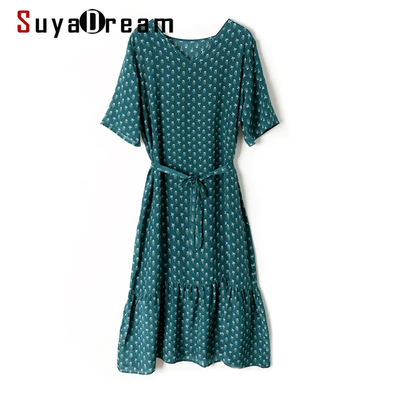 

SuyaDream Woman Floral Dress 100%Silk Crepe Printed V neck Sashes Long Dresses 2021 Spring Summer Dresses