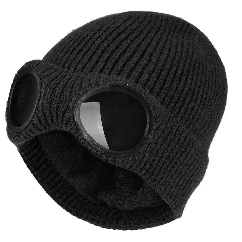 

Autumn and winter men's and women's glasses knitted hats plus velvet thick cold-proof woolen caps HD eye protection elastic caps