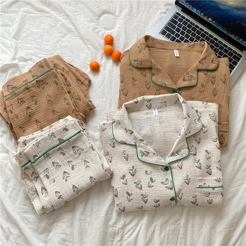 QWEEK Cotton Yarn Pajamas Sets 2 Piece Korean Homewear Autumn Sleepwear Kawaii Heart Sapling Print Pijamas Female Loungwear Suit