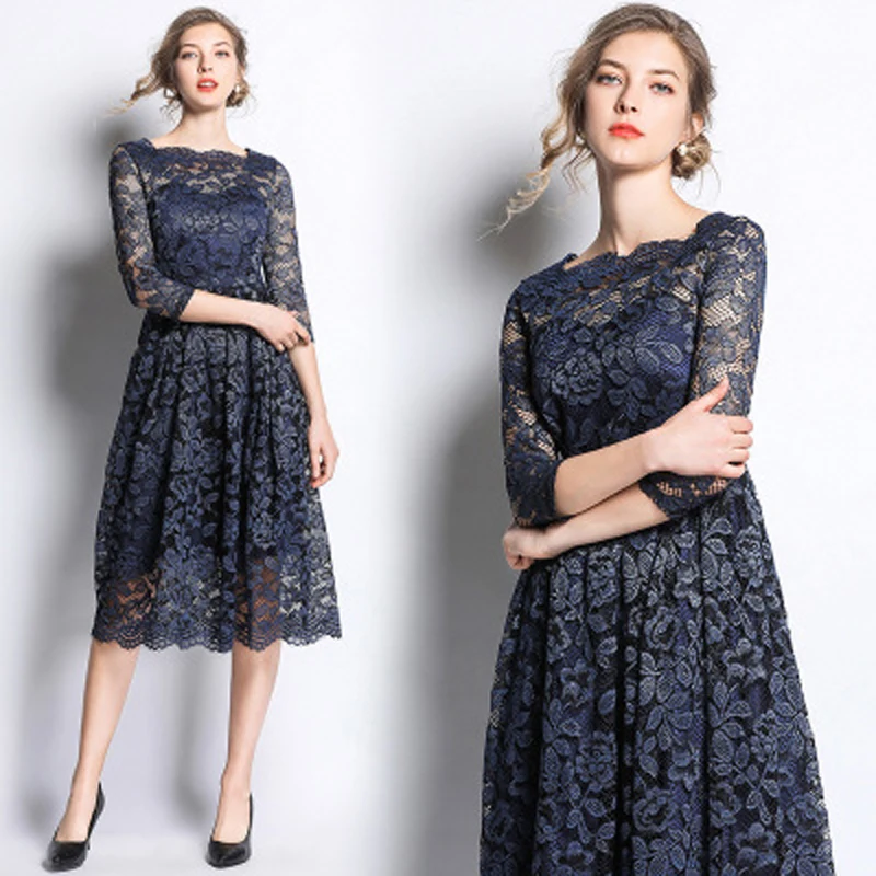 

Woman summer long knee-lenght dress women elegant dress and ladies dress O-Neck Vintage lace dress for women