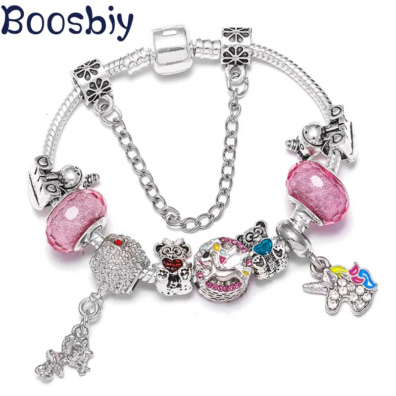 Boosbiy DIY милые животные Единорог и воздушный шар бусины Шарм браслет для женщин подходят брендовые браслеты ювелирные изделия Pulseras Mujer