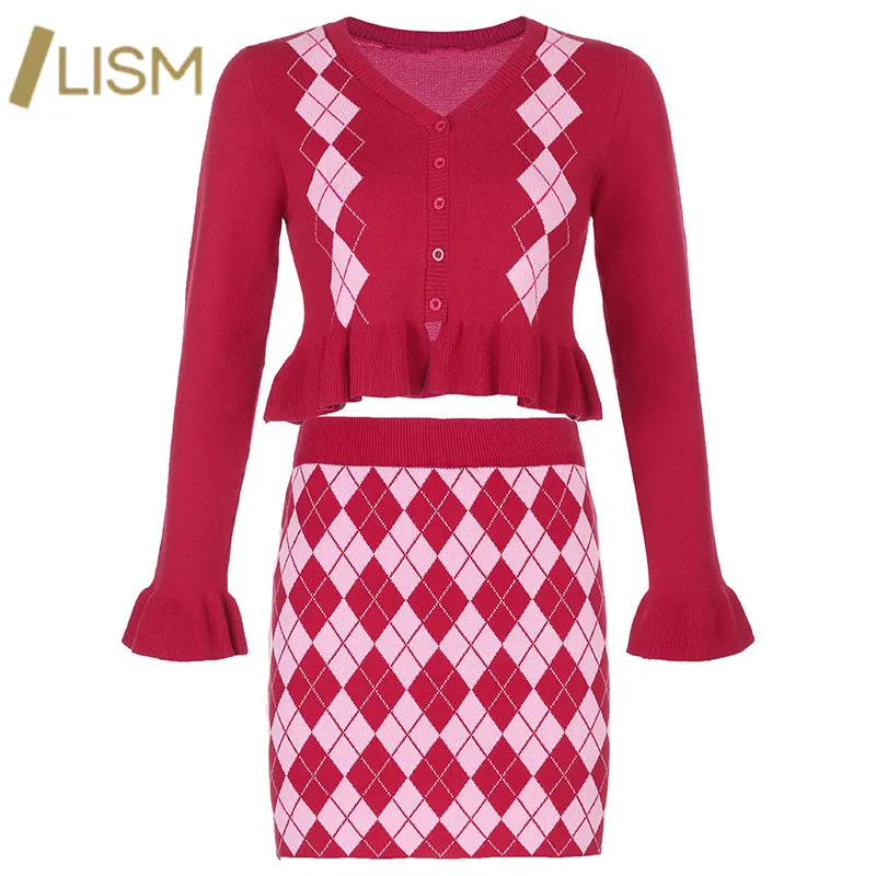 

LISM Vintage Geometric Pattern MATCHING SET V-Neck Flare Sleeve Cardigan+Knitted Mini Skirt Streetwear Two Piece Set Clothes