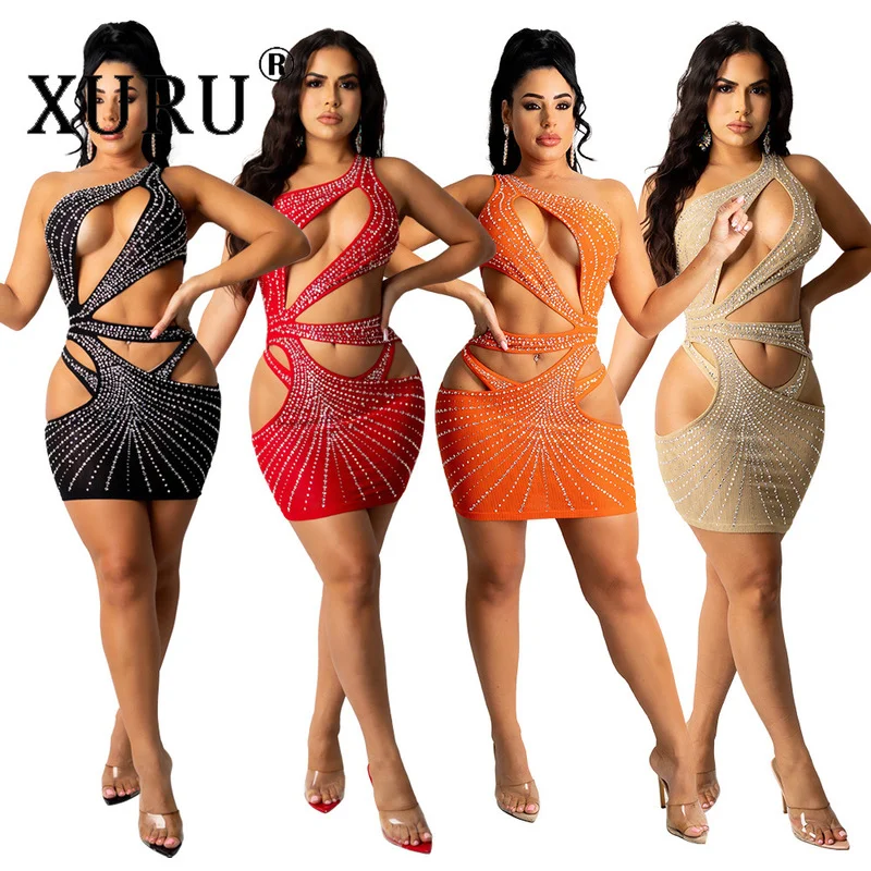 

XURU Sexy Nightclub Dress Women's Black Dress with Diamonds and Navel Sleeveless Irregular Hip Hollow Dress