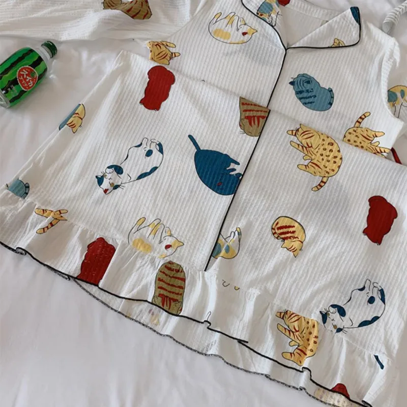 

Women Nightgowns V Neck Long Sleeve Nightdress Cartoon Cat Meow Cotton Sleepdress Harajuku Casual Leisure Nightshirt