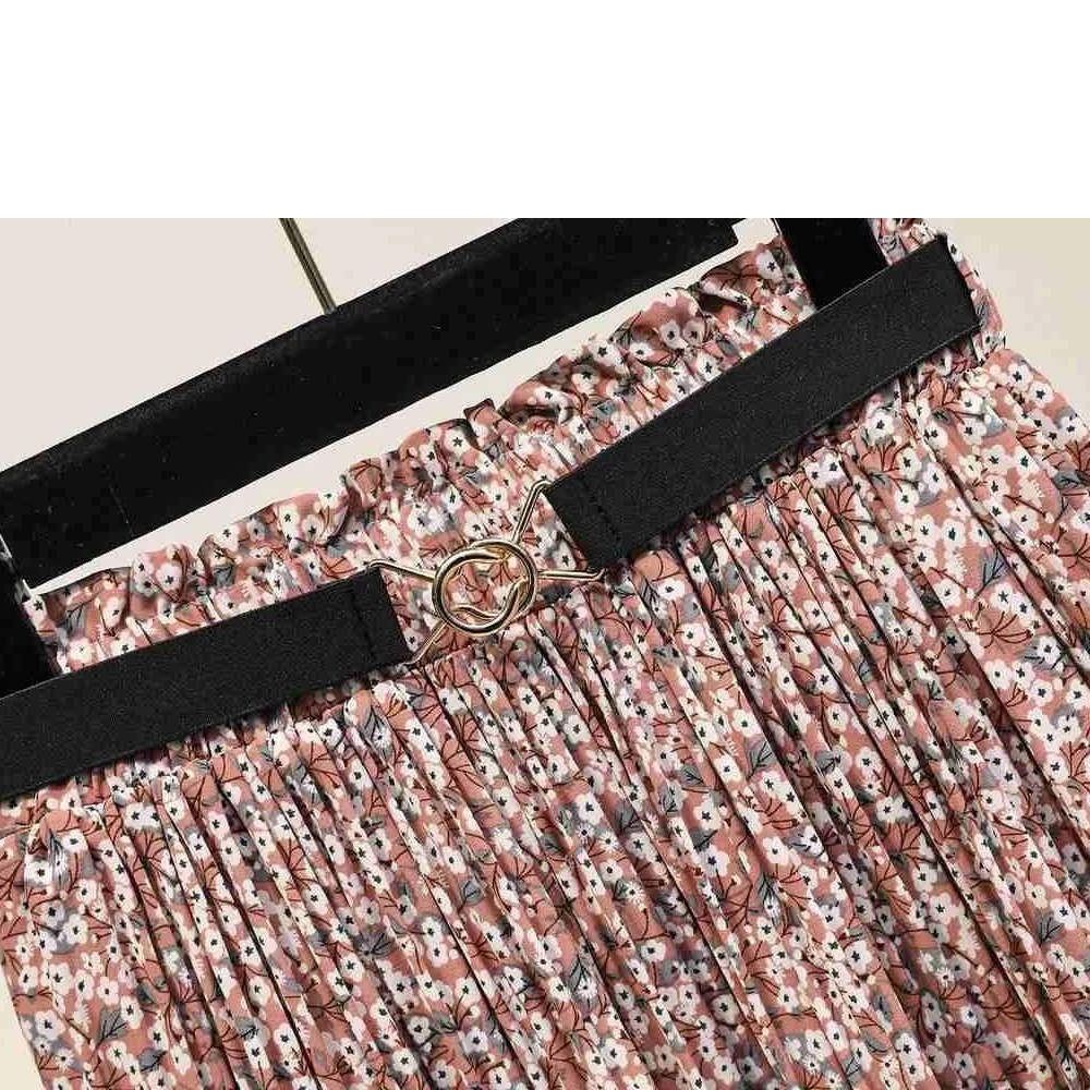 

FairyShely Chiffon Floral Long Skirt Women 2021 Spring Summer High Waist Elasticity Pleated Skirt Lady Korean Belt Print Skirt