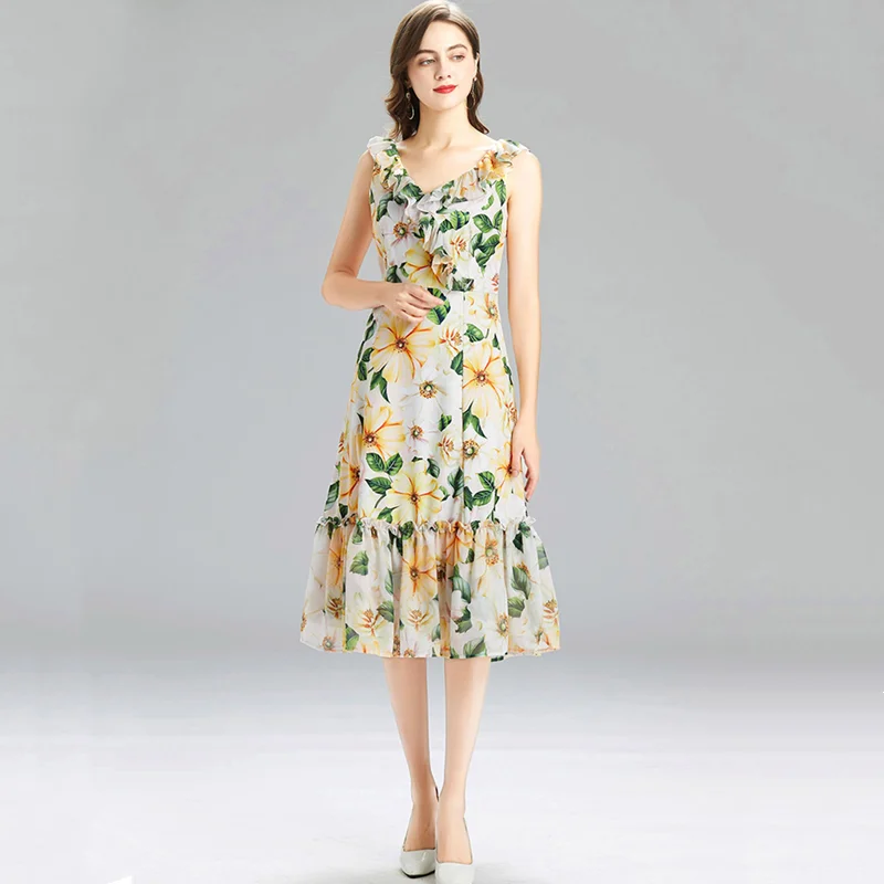 

2021 Summer New Women's Ruffled V-neck Sleeveless Slim Long Dress Sweet Camellia Flower Print Holiday Dress