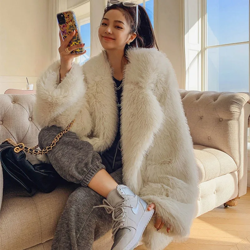 Korea Style Winter 2021 New Women's White Imitation Fox Fur Coat Mid-length Thick Plush Jacket Environmental Protection Fur Coat