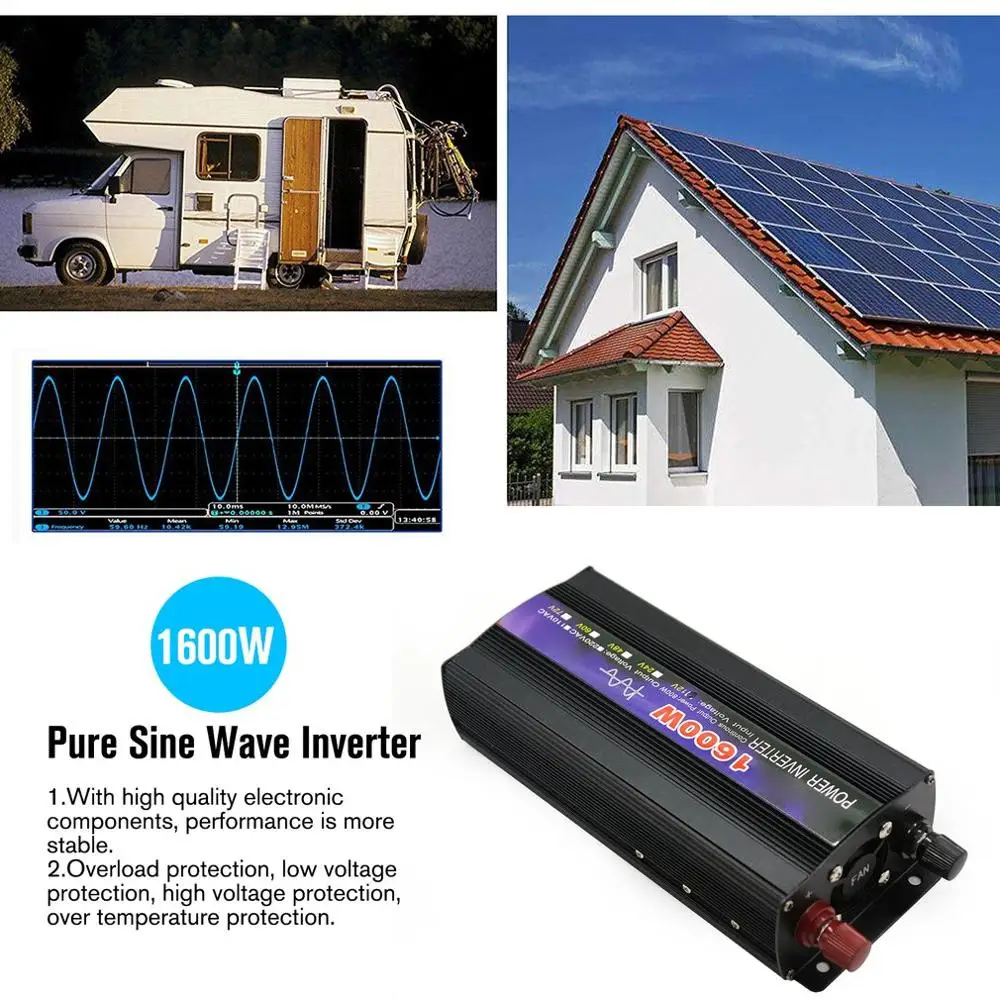 

1600W Pure Sine Wave Intelligent String Inverter Power Inverter Car Converter Adapter Car Inverter with Digital Display