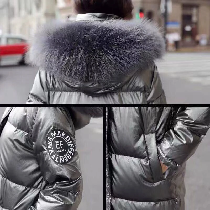 Fashion Female Winter Mid-length Pure Natural Real Raccoon Fur Fur Collar 100% White Duck Down Warm Bright Leather Down Jacket enlarge