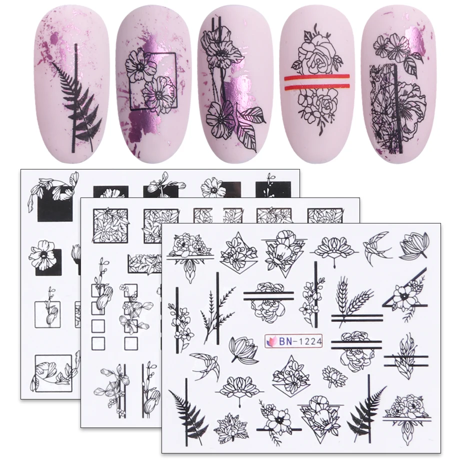 

1pcs Black White Flowers Stickers For Nails Green Leaves Water Decal Slider Nail Art Wraps Manicure Decor Tattoo LABN1213-1224-2