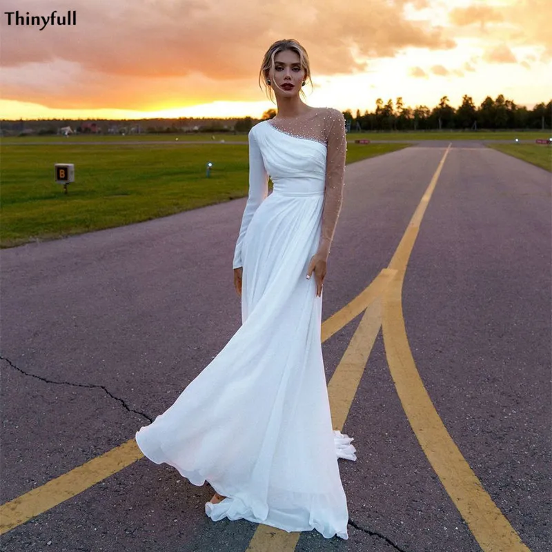 

Thinyfull Long Sleeves Beach Wedding Dresses Illusion Pearls Beaded Boho Mariage Gowns With Side Split A-Line Robe De Mariee