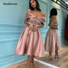 Розовые вечерние платья с блестками и открытыми плечами Smileven, атласные платья длиной до колена для выпускного вечера, Саудовская Аравия, Платья для особых случаев